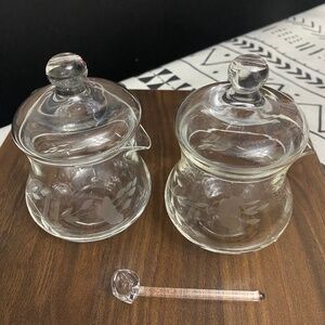 Princess house floral design set of 2 Crystal creamer with lid & spoon